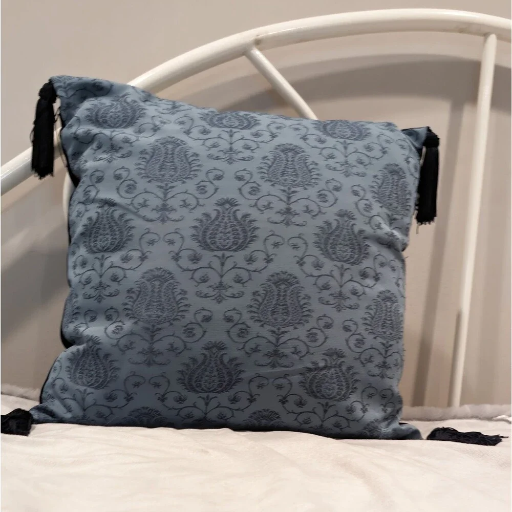Pier 1 Imports Decor Pillow Blue Tassels Paisley Pattern Velvet